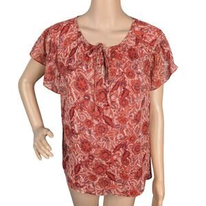 JOIE Burnt Orange Metallic Floral Flutter Sleeve Tie Neck Blouse Top SZ M